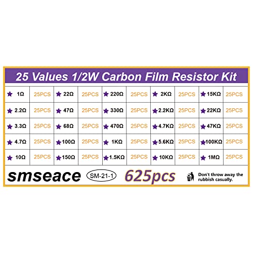 smseace 625pcs 1/2W Szén-Ellenállás készlet 1ohm-1M ohm ±5% - os Tűrési Tartomány 25Values Szén-Film Ellenállás