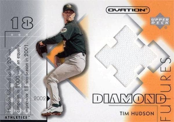Tim Hudson játékos kopott jersey-i javítás baseball kártya (Oakland Athletics) 2002 Felső szint Ováció
