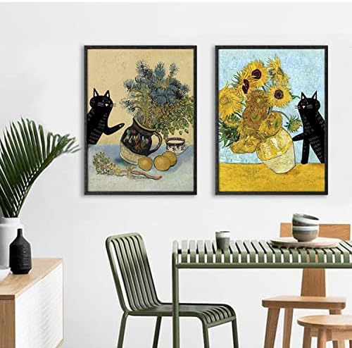 NCYEL Szórakoztató Fekete Macska Virágos Napraforgó Wall Art Váza Virág Elvont Színes Nyomtatás, Poszter