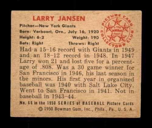 66 Larry Jansen - 1950 Bowman Baseball Kártyák (Csillag) Osztályozott EX+ - Baseball Asztalon Kezdő Lapot