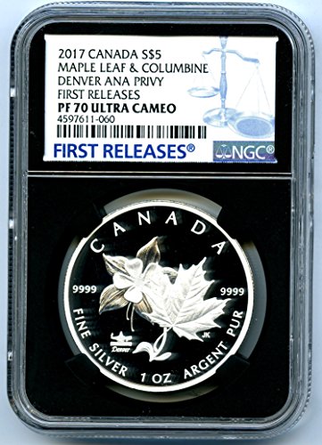 2017 CA $5 Kanada 1OZ Silver Maple Leaf pedig Columbine DENVER ANA TITKOS Bizonyíték, ELSŐ KIADÁSOK $5
