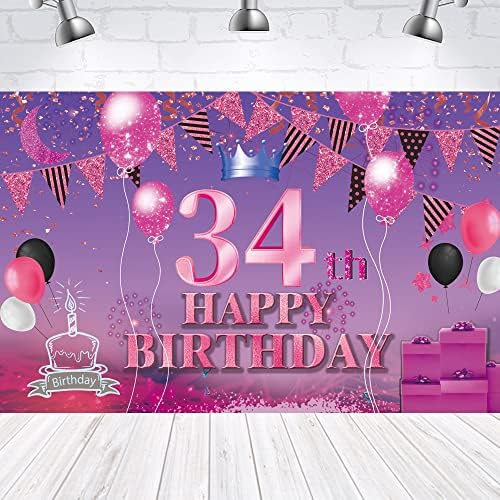 Boldog 34 Szülinapi Hátteret, Banner, Rózsaszín, Lila 34 Jel Poszter 34 Születésnapi Party Kellékek az