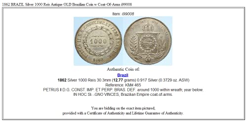1862 BR 1862 BRAZÍLIA AR 1000 Reis Antik RÉGI Brazil Co 1000 Reis Jó Hitelesített